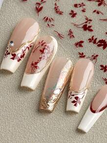 3入組紅黑葉片指甲貼紙,花卉植物枝幹3d白色滑片,用於春季裝飾,美甲貼紙 - 彩色 - 查看 5