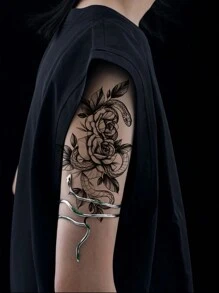 2pcs Waterproof & Long-Lasting Black Snake And FlowerTemporary Tattoo Sticker - Black - View 3