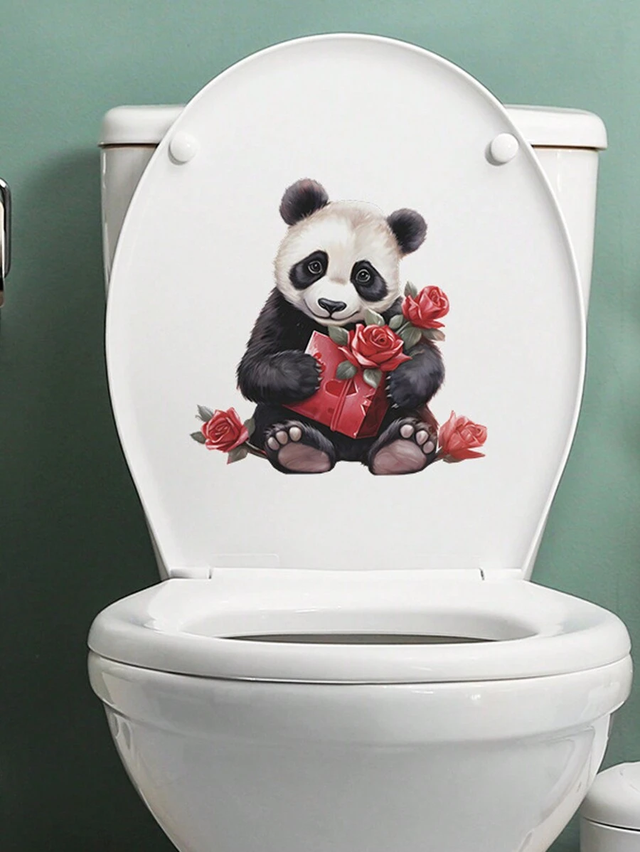 mama look 1入情人節熊貓造型浴室馬桶貼紙,可用於廁所、洗手間和牆面裝飾 - 紅色 - 查看 1