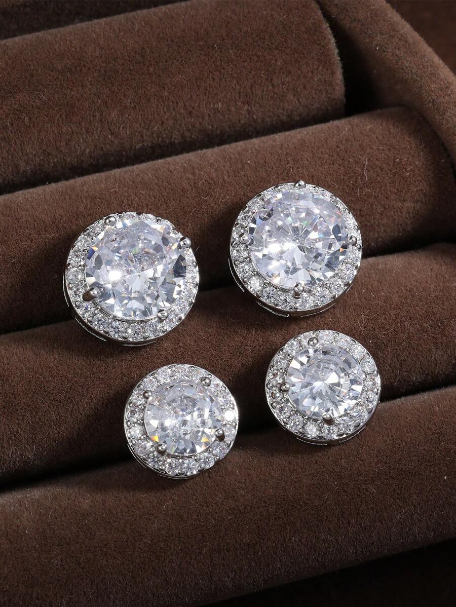 2入組時尚簡約風格cz裝飾圓形和立方體形耳釘,適合日常佩戴 - 白色 - 查看 1