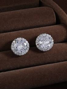 2入組時尚簡約風格cz裝飾圓形和立方體形耳釘,適合日常佩戴 - 白色 - 查看 3