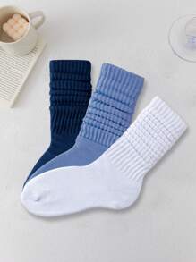 3pairs/Set Women's Blue Tone Coarse Needle Double-Needle Simple Over-The-Knee Pile Socks, Long Socks, Fall - Multicolor - View 5