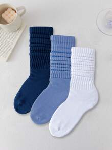 3pairs/Set Women's Blue Tone Coarse Needle Double-Needle Simple Over-The-Knee Pile Socks, Long Socks, Fall - Multicolor - View 2