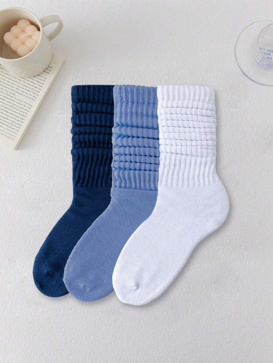 3pairs/Set Women's Blue Tone Coarse Needle Double-Needle Simple Over-The-Knee Pile Socks, Long Socks, Fall - Multicolor - View 1