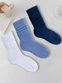 3pairs/Set Women's Blue Tone Coarse Needle Double-Needle Simple Over-The-Knee Pile Socks, Long Socks, Fall - Multicolor - View 4