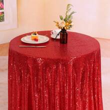 1pc Shiny Gold Round Sequin Table Cloth, Suitable For Wedding, Birthday Party, Shower - Red - View 7