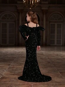 Tween Girl 亮片缀饰荷叶边美人鱼连衣裙 - 黑色 - 查看 2