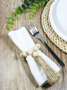 6pcs/Set Wooden Beaded Napkin Holder With Tassel, Rustic Farmhouse Style Prayer Bead Wall Hanging Decoration, Wedding Home Decor - Multicolor - View 4