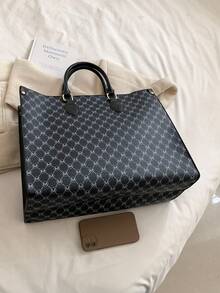 新款時尚純色pu防水布料大容量對比設計字母圖案裝飾設計雙手提袋適用於旅遊,購物和通勤。適合辦公室,工作和上下班使用 - 黑色 - 查看 5