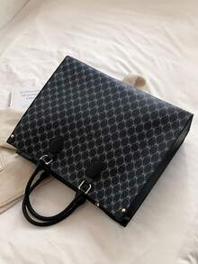 新款時尚純色pu防水布料大容量對比設計字母圖案裝飾設計雙手提袋適用於旅遊,購物和通勤。適合辦公室,工作和上下班使用 - 黑色 - 查看 6