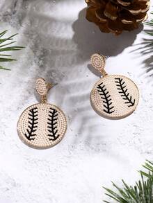 1pair European And American Style Bohemian Beaded Earrings, Circle Baseball & Softball Shaped Dangle Earrings - Black - View 3