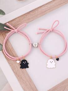 2 pièces/set Bracelets élastiques mignons à cœur magnétique et fantôme noir/blanc, cadeau d'amitié pour les meilleurs amis, sœurs, couples