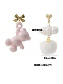 1 Pair Cute Pink Bear & Cloud Pom Pom Asymmetric Earrings, Butterfly Teddy Bear Earrings For Women, Valentine's Day Jewelry Gift Valentines - Baby Pink - View 5