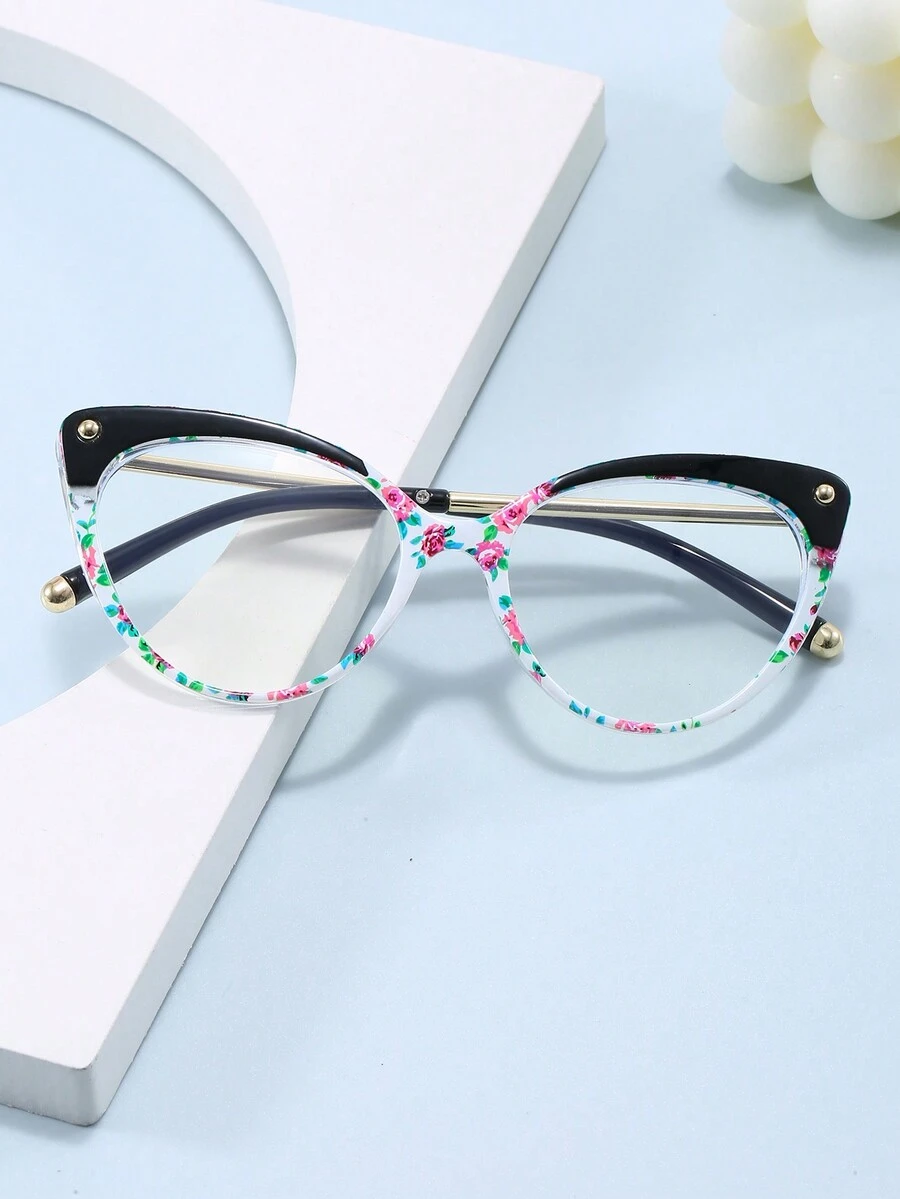 1pc Big Frame Cat Eye Non-Prescription Glasses With Patterned Color For Women - Clear - View 1