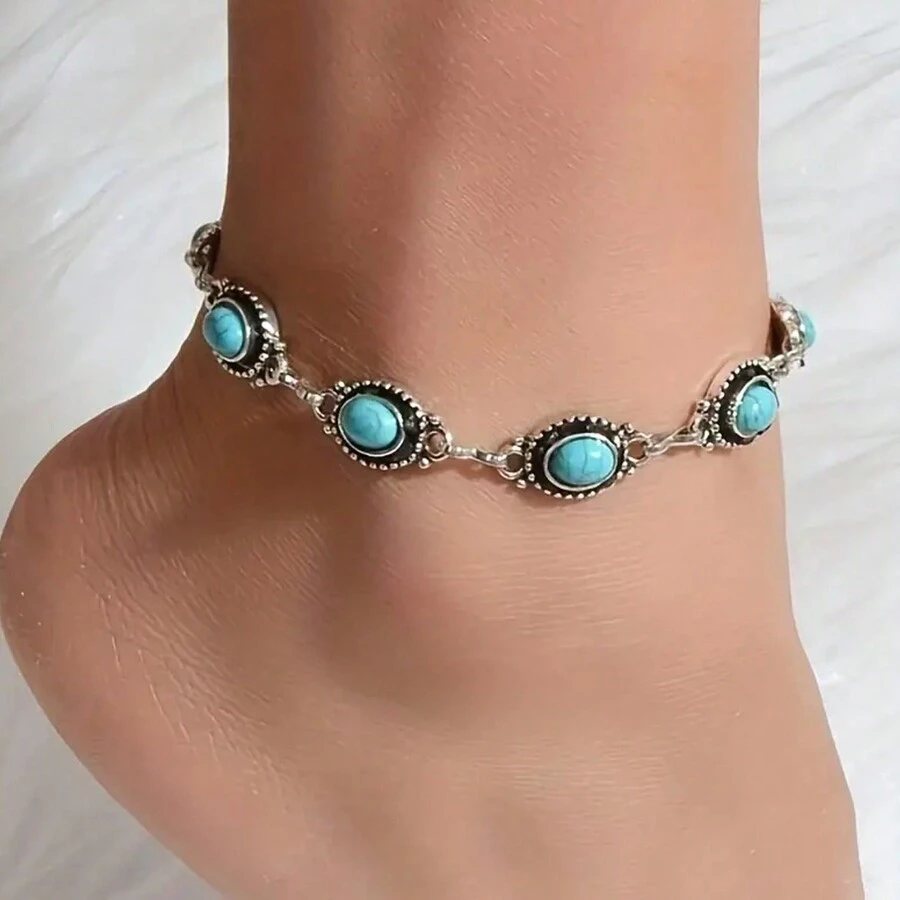 1pc Simple And Versatile Beaded Anklet Metal Alloy Turquoise Foot Decoration - Multicolor - View 1