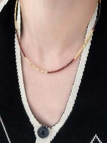 1pc Simple & Stylish Pomegranate Stone & Sterling Silver Necklace Suitable For Women's Daily Wear - Burgundy - View 1