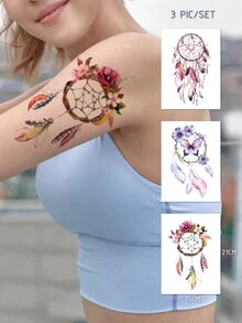 AQ STICKERS 3入組/套多彩蝴蝶和捕夢網大腿、手臂暫時性紋身貼紙,男女適用 - 彩色 - 查看 3