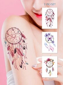 AQ STICKERS 3入組/套多彩蝴蝶和捕夢網大腿、手臂暫時性紋身貼紙,男女適用 - 彩色 - 查看 1