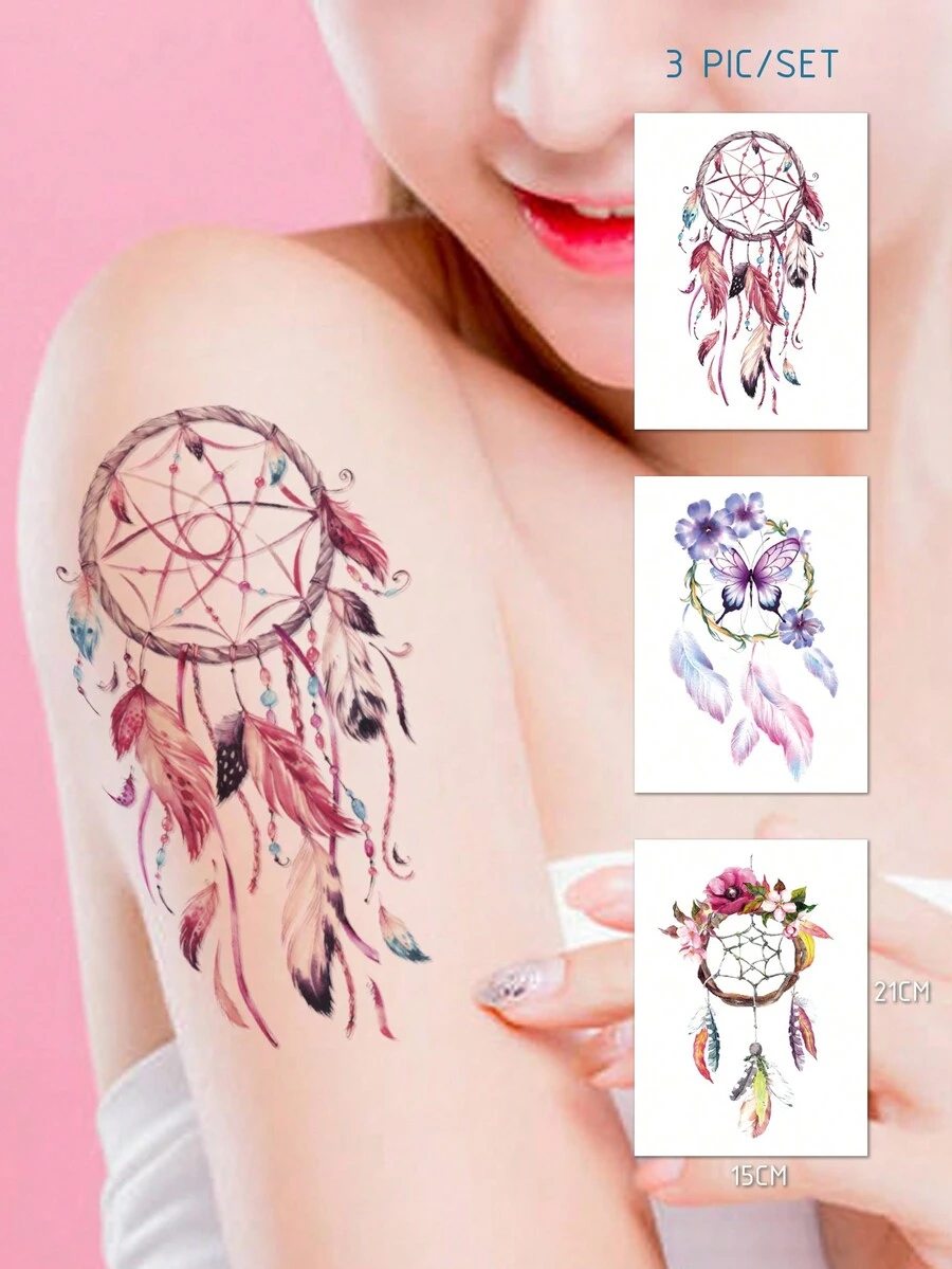 AQ STICKERS 3入組/套多彩蝴蝶和捕夢網大腿、手臂暫時性紋身貼紙,男女適用 - 彩色 - 查看 1