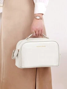 1個半圓形雙拉鍊大容量便攜式雙口袋化妝包實色米色pu皮防水化妝刷收納化妝包,適用於女孩節日必備品,化妝包化妝掛件護膚包化妝和洗漱包行李分裝袋,旅行必備品,度假必備品,宿舍必備品,婚禮伴娘禮物 - 米色 - 查看 7