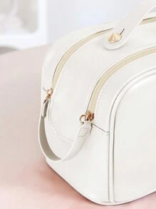 1個半圓形雙拉鍊大容量便攜式雙口袋化妝包實色米色pu皮防水化妝刷收納化妝包,適用於女孩節日必備品,化妝包化妝掛件護膚包化妝和洗漱包行李分裝袋,旅行必備品,度假必備品,宿舍必備品,婚禮伴娘禮物 - 米色 - 查看 6