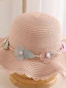 新款女孩可愛的公主三葉草編織防曬帽,非常適合日常穿著、海灘度假 - 粉色 - 查看 5