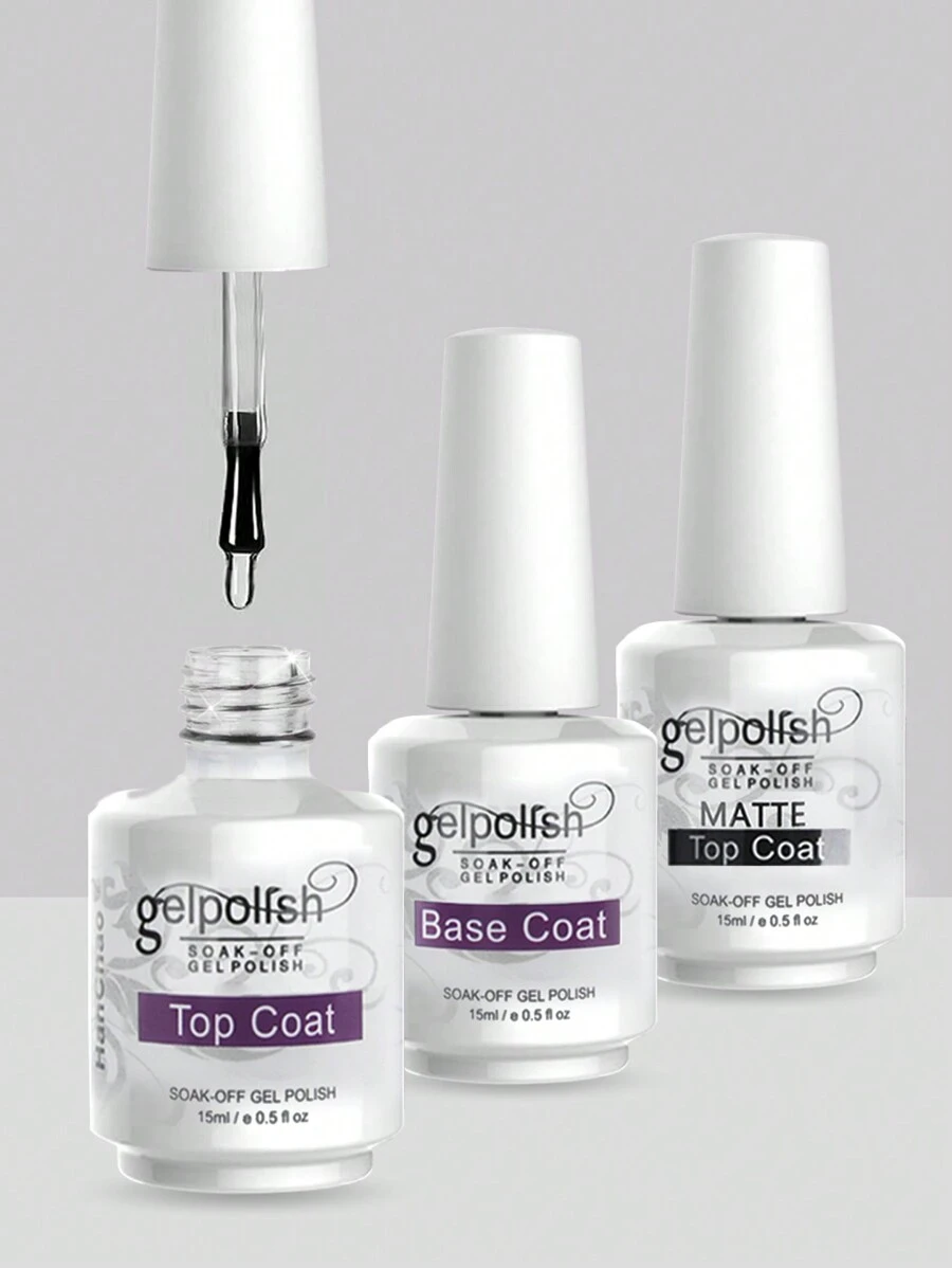 3瓶15毫升凝胶底胶/亮胶/哑光亮胶，可卸除，适用于LED/UV灯，持久速干，适合居家美甲和美甲沙龙DIY美甲。