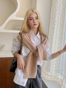 Women's Twisted Knit Hooded Shawl, Multipurpose Cape For Photography, Spring, Summer, Autumn & Winter - Camel - View 3