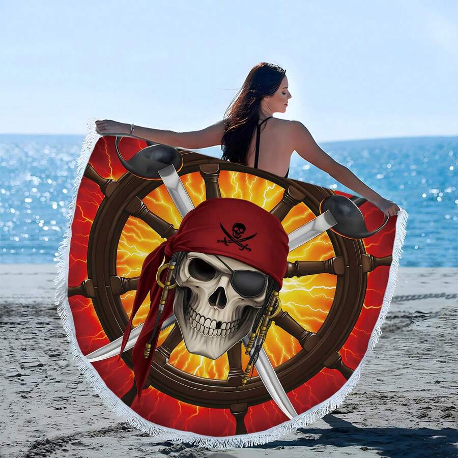 1件海盜圖案圓形沙灘毛巾,超細纖維沙灘毛巾,適用於夏季、海灘、泳池、瑜伽、遠足等活動 - 彩色 - 查看 1