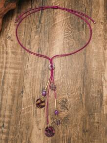 1pc Enamel & Wax Rope Bohemian Style Y-Shaped Long Necklace With Random Color Enamel Plate
