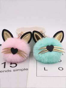 1pc Cute Cat Ear Pom Pom Keychain, For Women's Backpack, Bookbag, Key, Office & School Desk Decoration - Blue - View 3