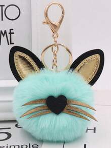 1pc Cute Cat Ear Pom Pom Keychain, For Women's Backpack, Bookbag, Key, Office & School Desk Decoration - Blue - View 1