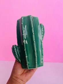 1pc Ceramic Cactus Shaped Vase, Creative Flower Arrangement Container, Office Home Decor Accessory (Single, Flowers Not Included) - Green - View 8