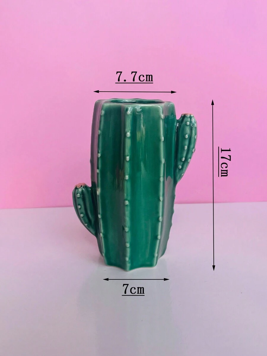 1pc Ceramic Cactus Shaped Vase, Creative Flower Arrangement Container, Office Home Decor Accessory (Single, Flowers Not Included) - Green - View 1