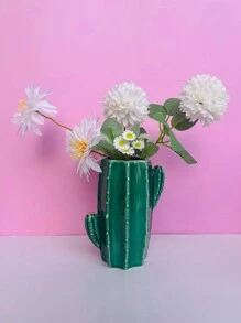 1pc Ceramic Cactus Shaped Vase, Creative Flower Arrangement Container, Office Home Decor Accessory (Single, Flowers Not Included) - Green - View 2