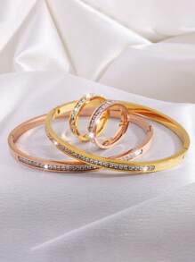 4 Pcs Of Light Luxury Design Advanced Simple Stainless Steel Single Row Drill Bracelet Ring Suitable For Holiday Gifts Friends