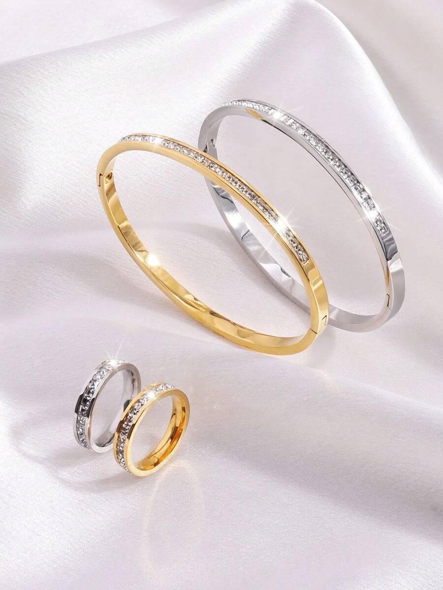 4 Pcs Of Light Luxury Design Advanced Simple Stainless Steel Single Row Drill Bracelet Ring Suitable For Holiday Gifts Friends