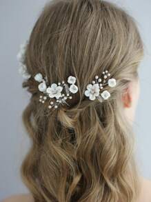 2pcs Flower & Faux Pearl Bridal Hairpins Elegant Bridal Headpiece Valentine's Day Accessories - Silver - View 1