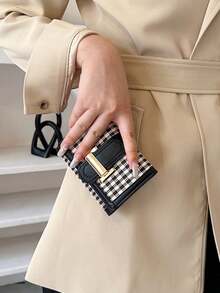 Women's Tri-Fold Short Wallet In Classic Houndstooth Pattern With Multiple Card Slots, Fashionable And Vintage - Black - View 7