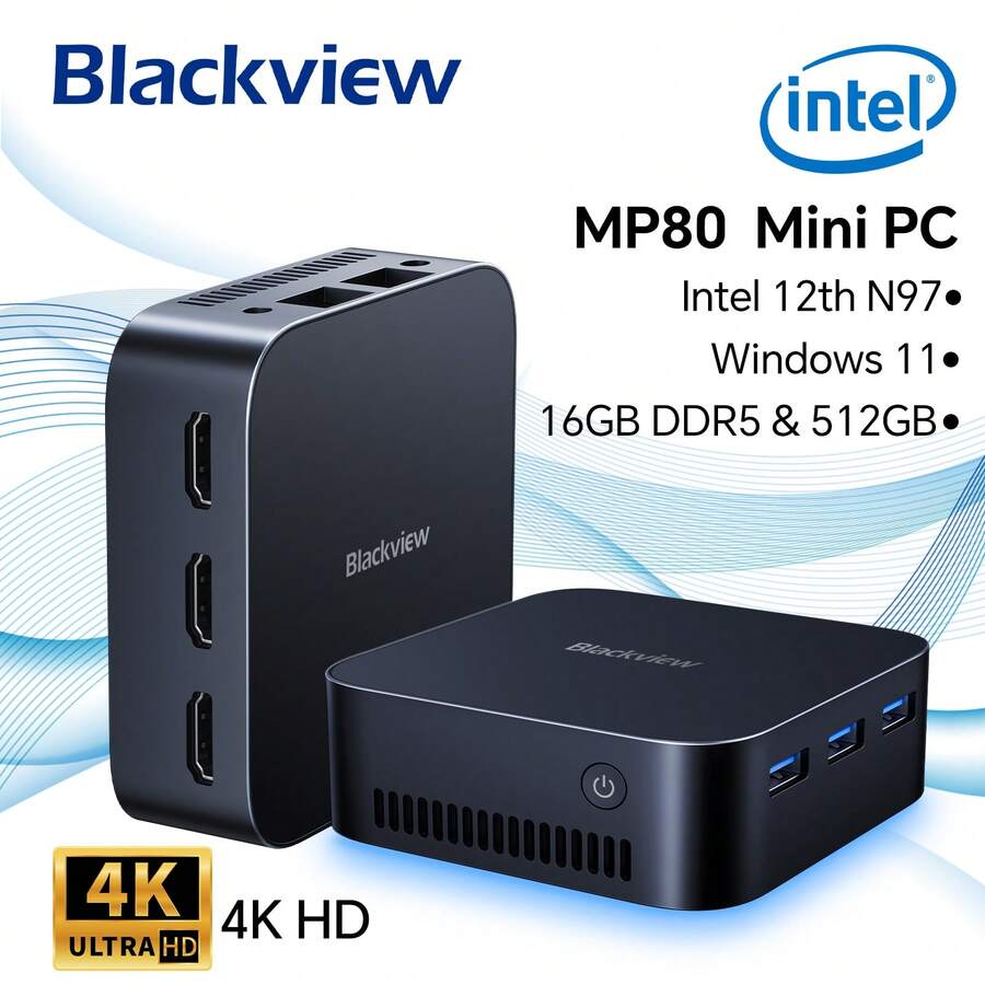 Blackview MP80 迷你电脑英特尔第 12 代 N97（最高 3.6 GHz）、16GB LPDDR5 512GB M.2 SSD 迷你台式电脑 Windows 11，支持双 LAN、3 个 HDMI 兼容、2.4/5G WiFi、4K UHD 适用于英国