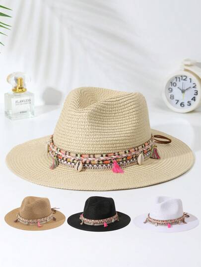 1pc Unisex Solid Tassels Decor Boho Jazz Panama Hat Visor Beach Hat Straw Hat Suitable For Party