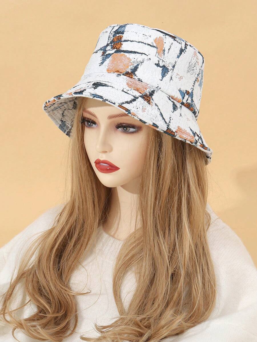 1 件時尚經典提花鍍金休閒戶外防風防曬寬簷水桶帽 - 彩色 - 查看 1