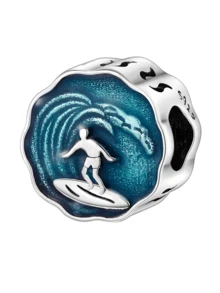 銀電鍍迷人的衝浪男孩綠色珠子吊飾球,適用於手鍊diy女士珠寶 - 銀色 - 查看 1