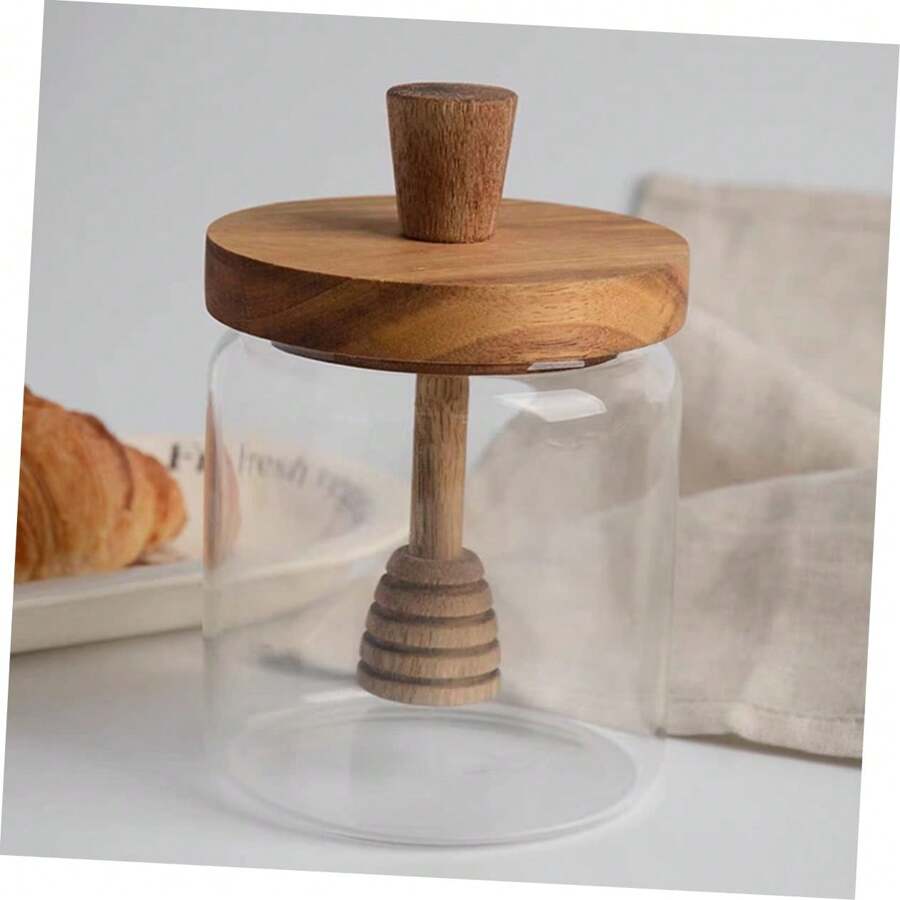 1只附有木製花蜜勺和蓋子的玻璃花蜜罐,存放和分配蜜蜂蜜的蜜罐 - 無色 - 查看 1