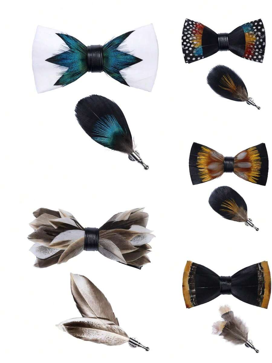 New Handmade Feather Bow Tie Set For Men's Wedding, Groom, Groomsman, Host, Party, Business (With Gift Box & Brooch) - Multicolor - View 1