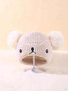 1 件嬰兒針織帽可愛小熊 Pom Pom 毛線帽幼兒保暖帽適合男孩和女孩 - 米色 - 查看 2