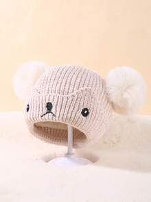 1 件嬰兒針織帽可愛小熊 Pom Pom 毛線帽幼兒保暖帽適合男孩和女孩 - 米色 - 查看 3