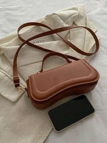 1pc Flap Closure Asymmetric Shaped Solid Color Pu Shoulder Bag & Handbag With Car Line Details, Suitable For Daily Use Of Women - Brown - View 4