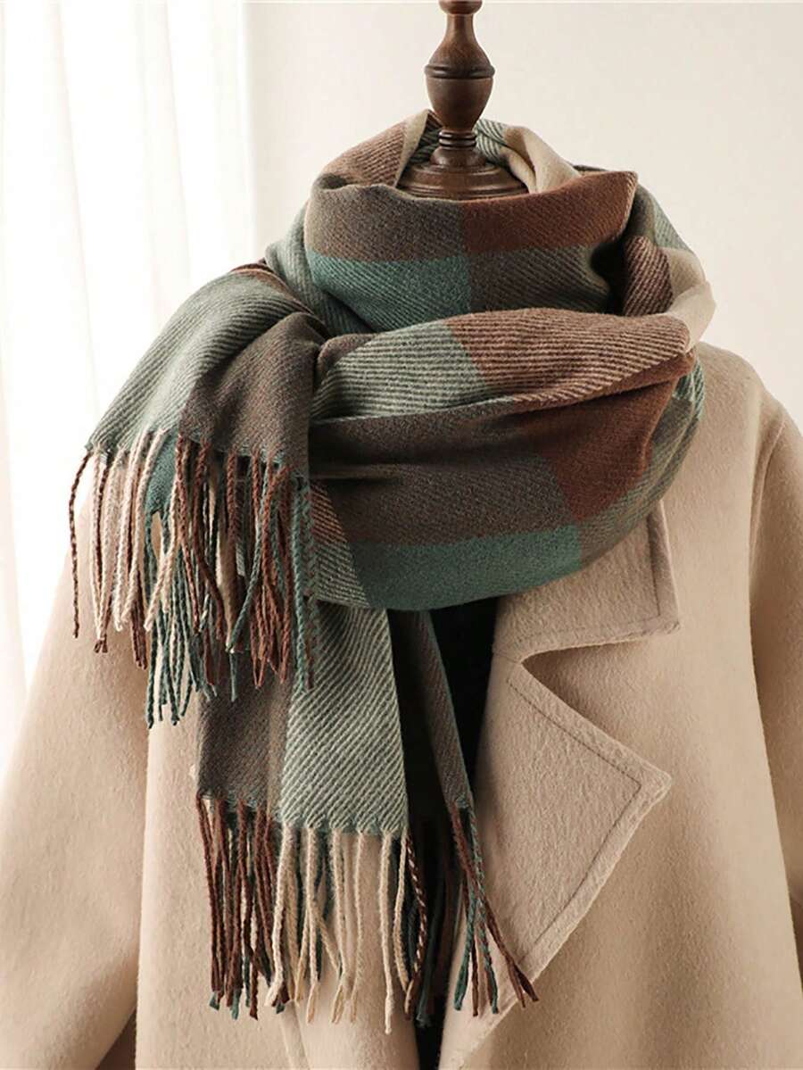 1條暖和舒適的方格和條紋圍巾,帶流蘇,適用於日常穿著 - 彩色 - 查看 1