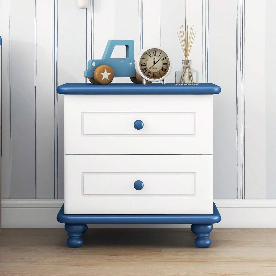 Wooden Nightstand With Two Drawers For Kids,End Table For Bedroom - 藍色 - 查看 1